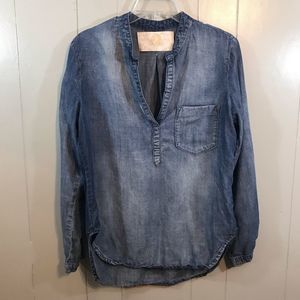 Bella Dahl Blue Chambray Long Sleeve V-Neck High Low Hem Popover Casual …